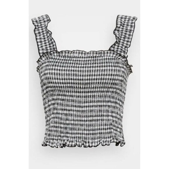 Vero Moda Vida Extra Cropped Top Women Small White Black Ruffle Smocked - Picture 1 of 11